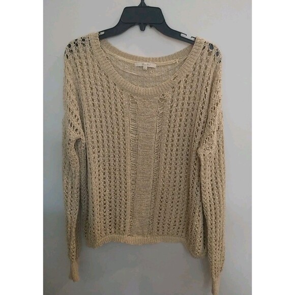 Miss Me  Crochet Sweater Beige Size Large Y2K Boho Cottage Core Feminine - Picture 1 of 10